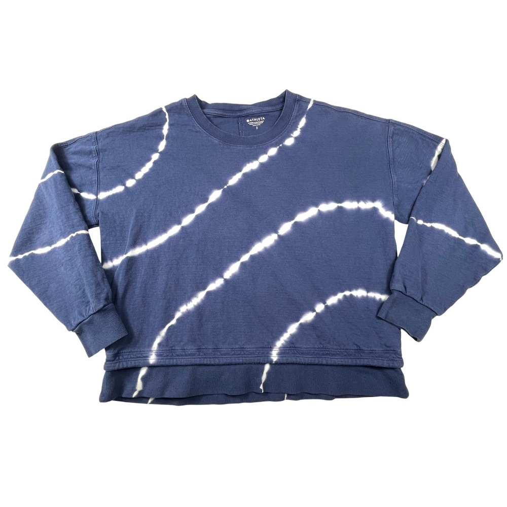 Athleta Sundown Sweatshirt Navy Blue Tie Dye Crew Neck Long Sleeve Small Petite